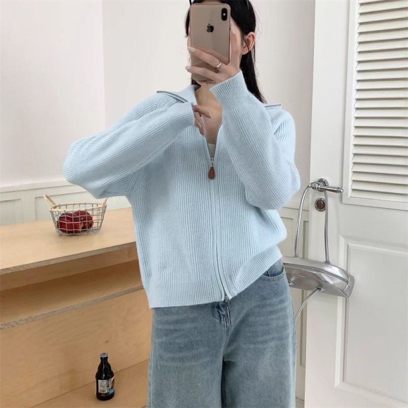 双拉链毛衣外套女秋冬新款设计感翻领宽松加厚针织开衫外穿上衣女|undefined