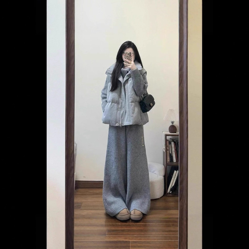 Three-Piece Suit, Korean Style, Fashionable, Stand-Up Collar, Letter Embroidered Vest, Cotton Jacket + Turtleneck Sweater + Knitted Pants
