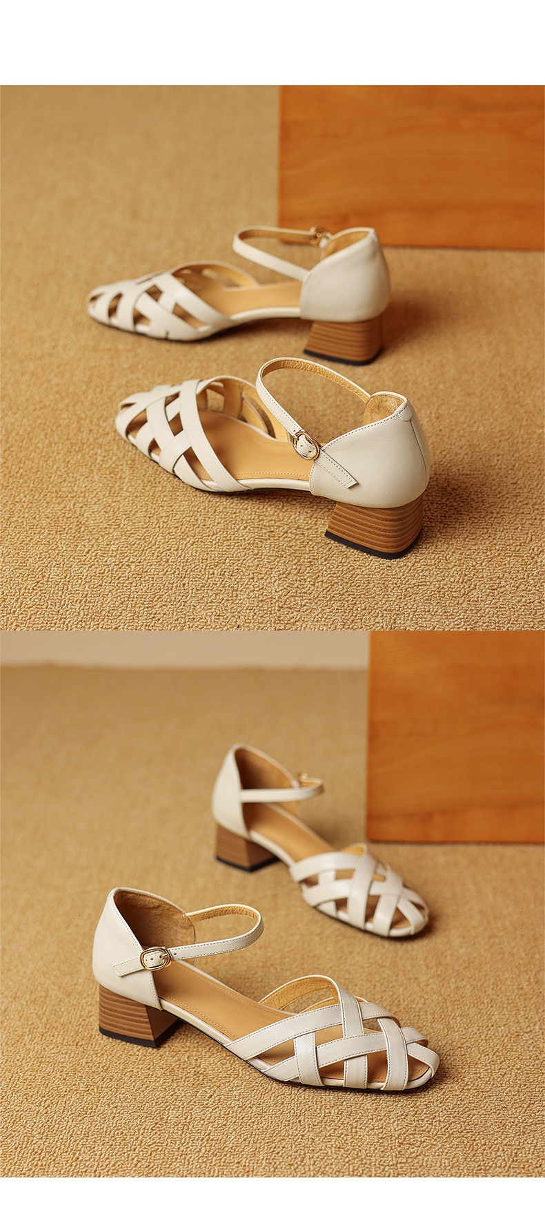 Sandal nữ bít mũi quai ngang da bò thật gót vuông ổn định phong cách La Mã — Màu nâu chi tiết 16
