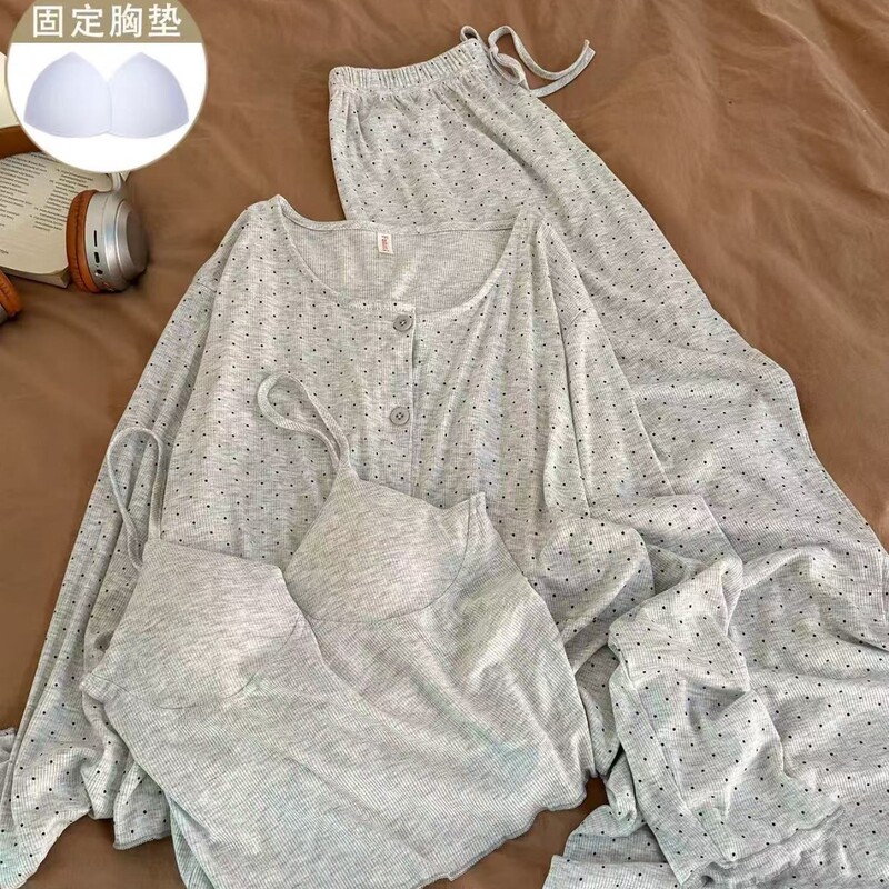 Spring and Summer Cloud Cotton Fixed Chest Pad Gray Polka Dot Three-Piece Pajamas Women's Suspender Pants Casual Home Wear Spring and Summer Cloud Cotton Fixed Chest Pad Gray Polka Dot Three-Piece Pajamas Women's Suspender Pants Casual Home Wear
