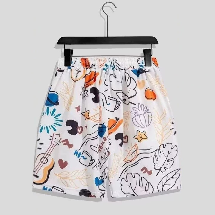 Men's summer beach shorts, thin, loose, quick-drying, trendy floral shorts, ice silk wide-leg pants, casual five-point pants.