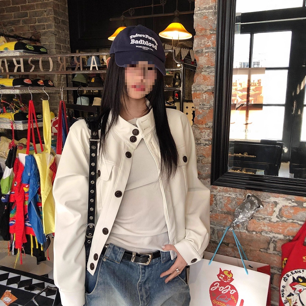 Big Ears Lumoder White Leather Jacket for Women Spring Thin Niche Design Loose Casual Korean Style Short Jacket