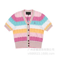 三标齐全西太后土星刺绣彩虹条纹开衫针织上衣夏季短袖毛衣女