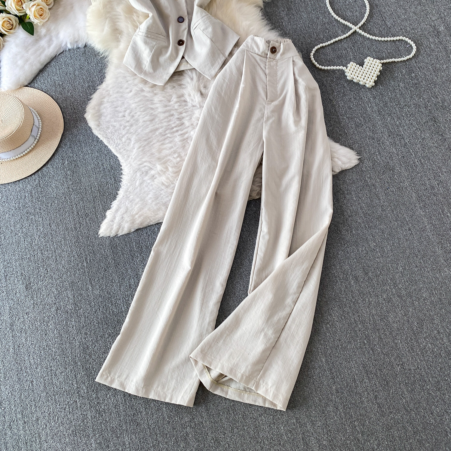Women's Retro Style Two Piece Set Sleeveless V-Neck Jacket & High-Waisted Wide Leg Trousers Slimming Summer Pant Suit_ecoleips.com