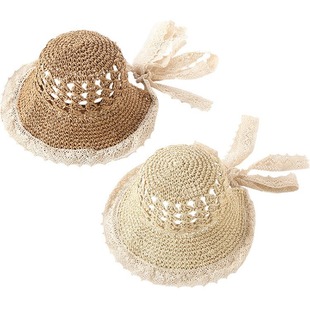 Baby Girl's Lace Ribbon Children's Straw Hat Spring and Summer Going Out Sunshade Sunscreen Hat Girls Sun Hat Children Parent-Child