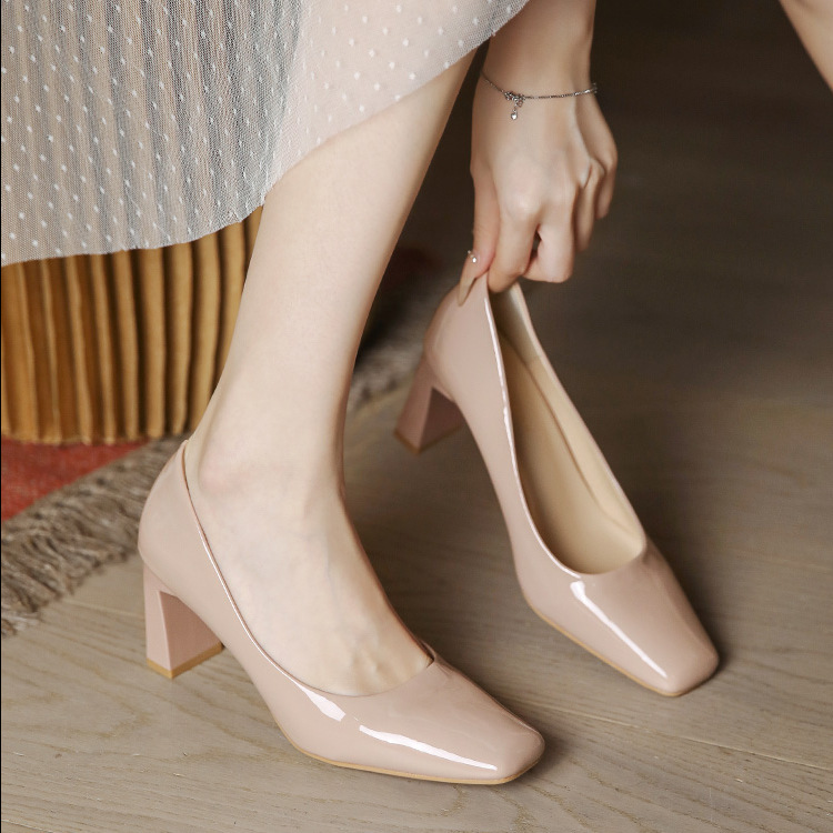 Thick Heel Non-Abrasive Versatile High Heels for Women 2025 Spring & Fall New Square Toe Nude Patent Leather Work Clothing with Skirt Flats