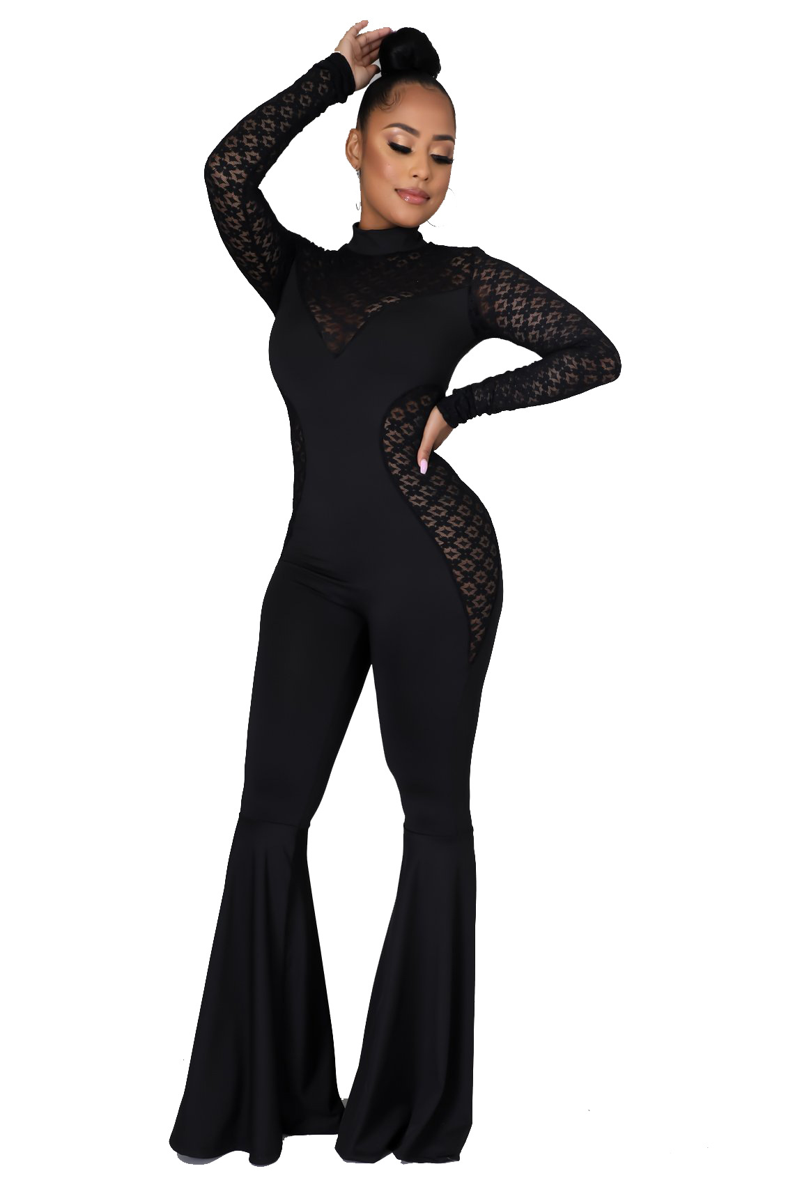 Solid Color Embroidery Lace Long-Sleeved Jumpsuit NSMRF116729