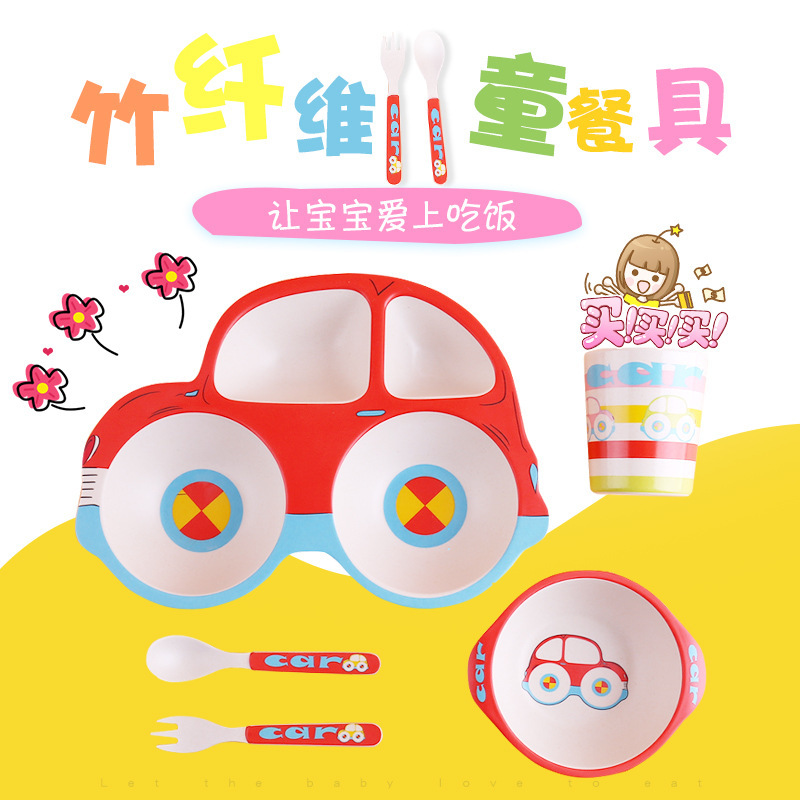 Bamboo Fiber Kidsren's Tableware Set Cartoon Car Plate Baby Divided Plate Infant Food Bowl Cup Fork Spoon