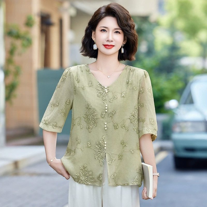 Мама Летний рукав шифоновая рубашка Новый китайский стиль 2025 Новый средний и пожилой женский топ с блестками