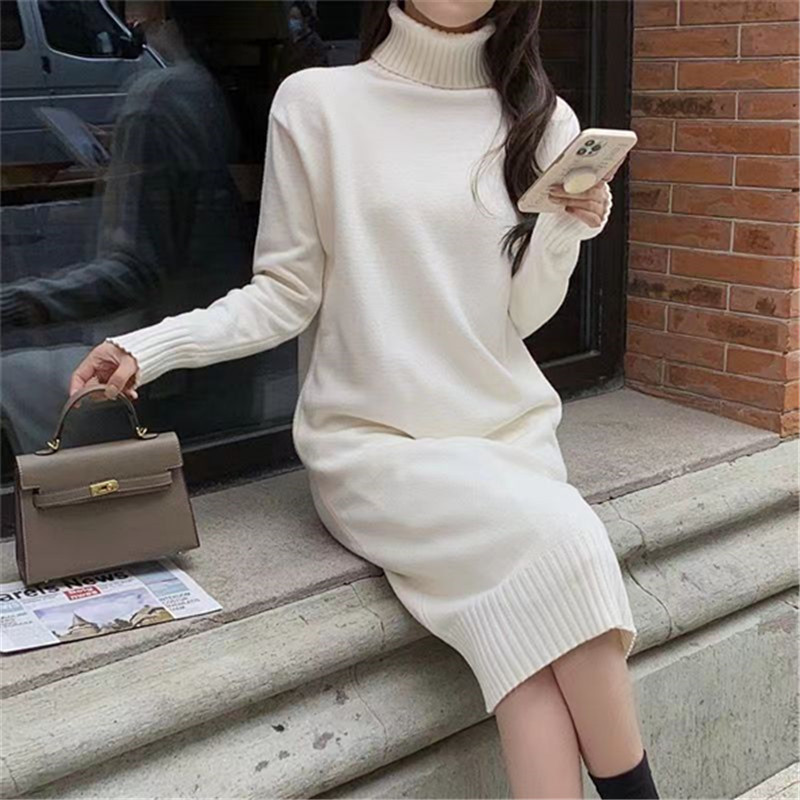 Autumn and Winter Korean Style Women's Inner Wear with Coat and Sweater Skirt Long Loose Thickeneded Turtleneck Knitted Bottoming Dress Trbottomy