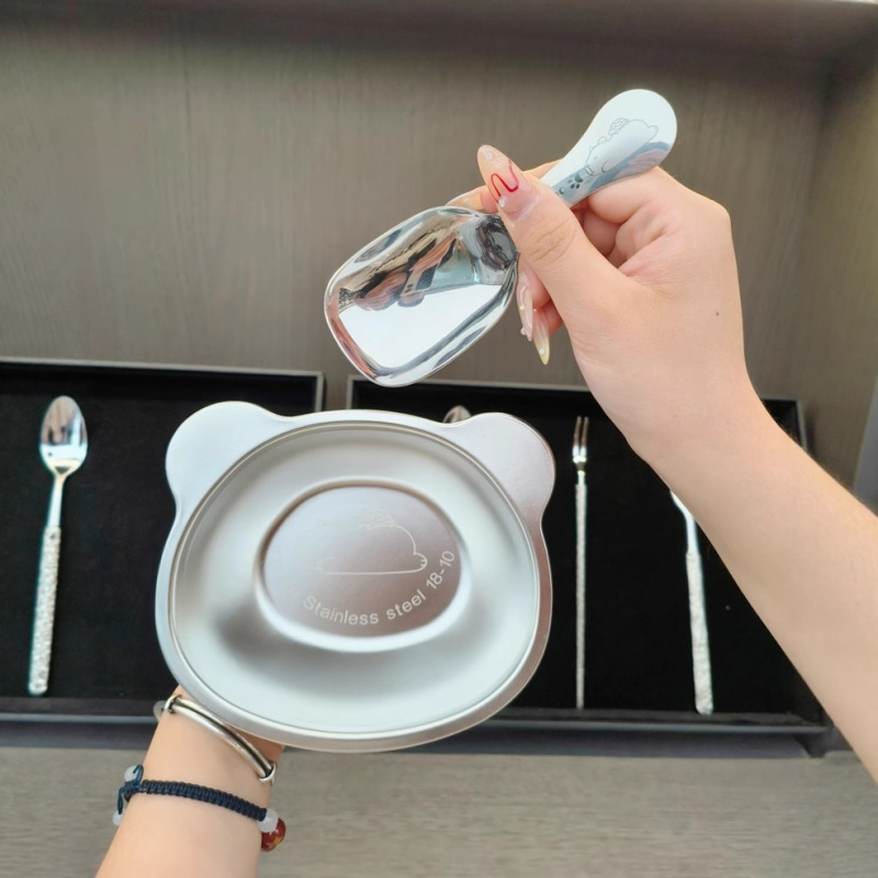 18-10 stainless steel cute bear spoon bowl set baby fall-proof eating soup bowl kindergarten canteen bear bowl