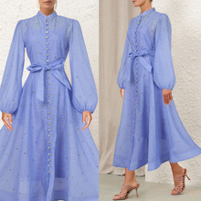 大量现货英国小众水钻钉珠轻奢设计感单排扣天丝麻连衣裙配长吊带