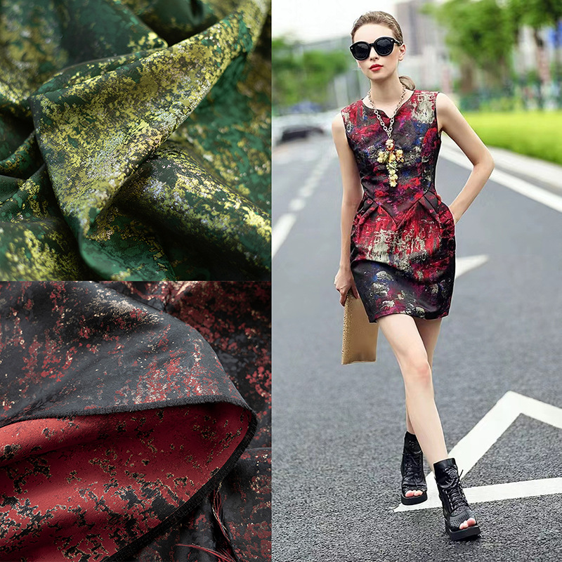 酒红黑云鎏金反光提花布料马面裙汉服西装外套国风服装设计师面料