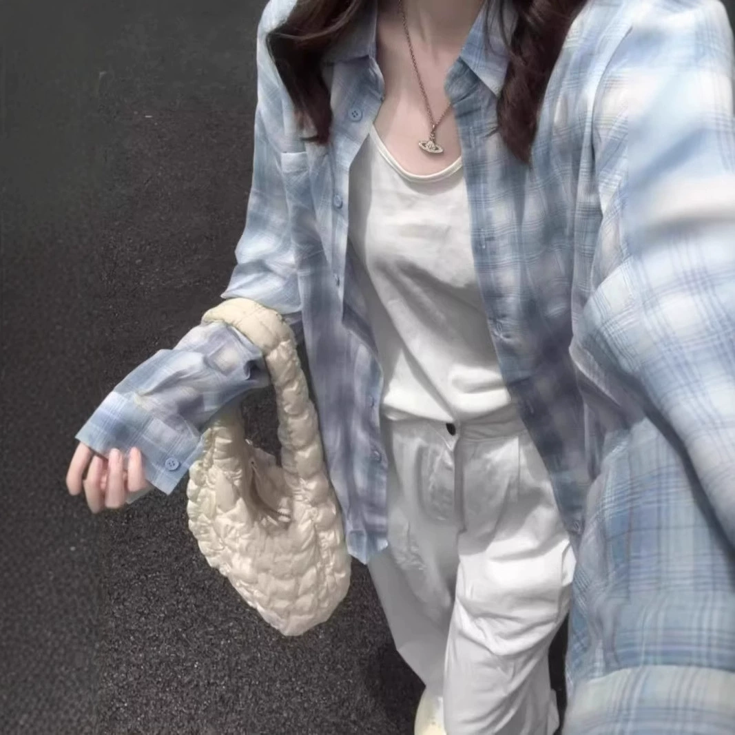 Корейская клетчатая солнцезащитная рубашка из чистого хлопка, женская весенне-летняя новая свободная рубашка с длинными рукавами в ленивом стиле, повседневный топ