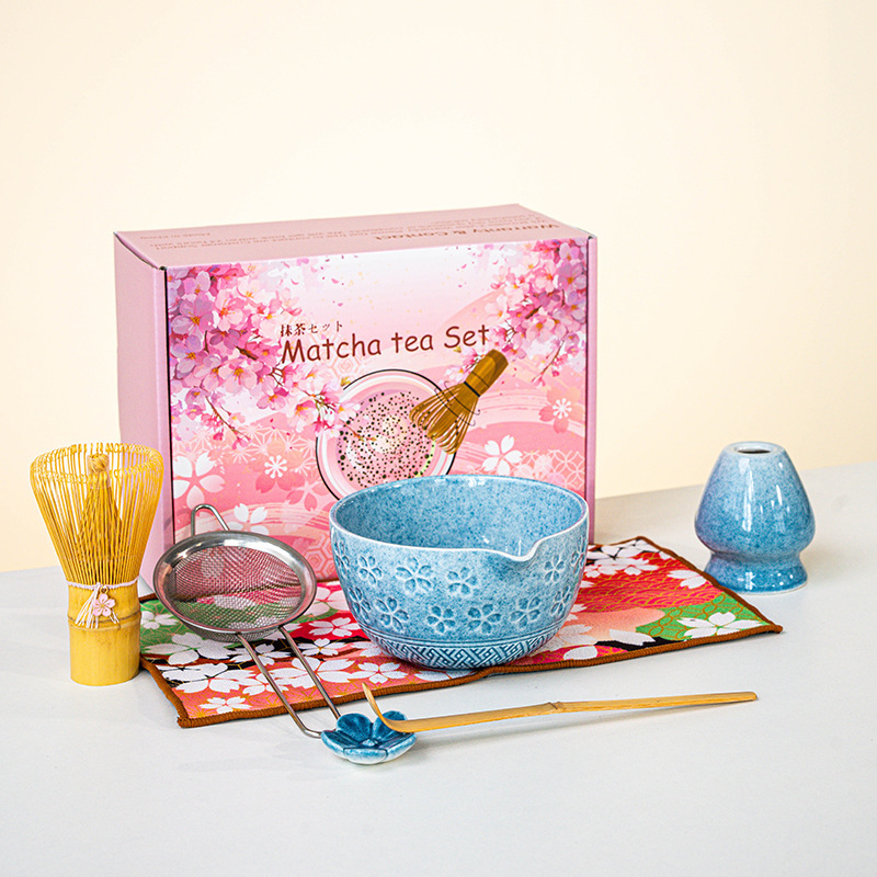 日本製抹茶茶器セット 桜ボウル 注ぎ口付き 8点セット フルセット カラーボックス ピンク付き|undefined