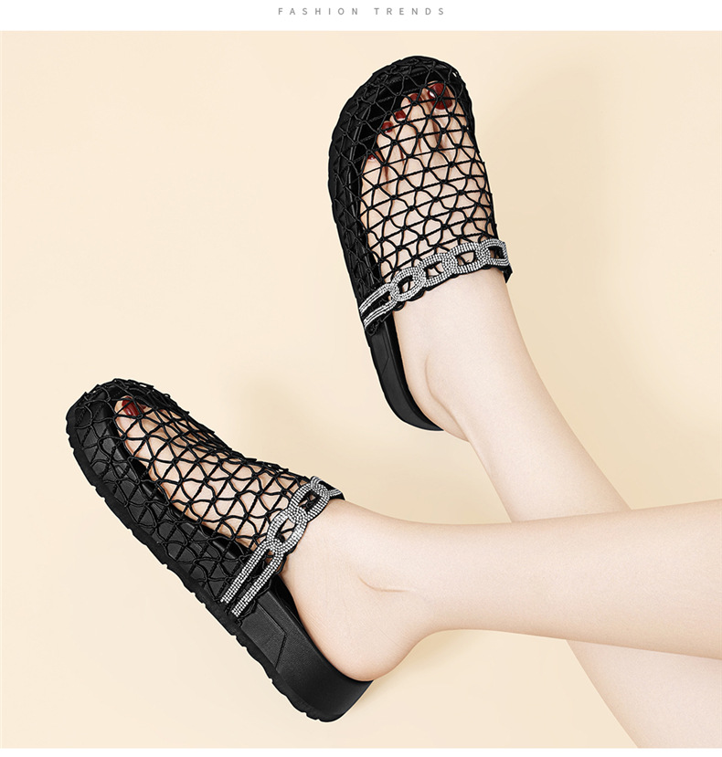 Dép nữ mùa hè 2025 kiểu mới, chất liệu dệt thoáng khí, mũi hở, đế bằng, đính đá, kiểu lưới cá — 7237 -1 màu đen, 7237 màu đen chi tiết 7