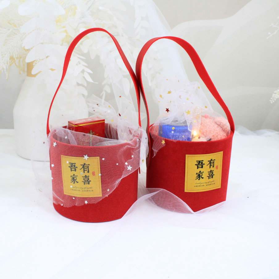 吾开学季家有喜手提圆形绒布喜糖盒蓝色喜宴回礼伴手礼盒现货批发