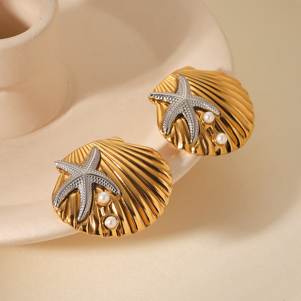 All Seasons Season Women's Gender PVD Coated Real Gold Plated Scallop Starfish 304 Stainless Steel Marine Style Modern Style Waterproof Non Tarnish Rings Earrings
