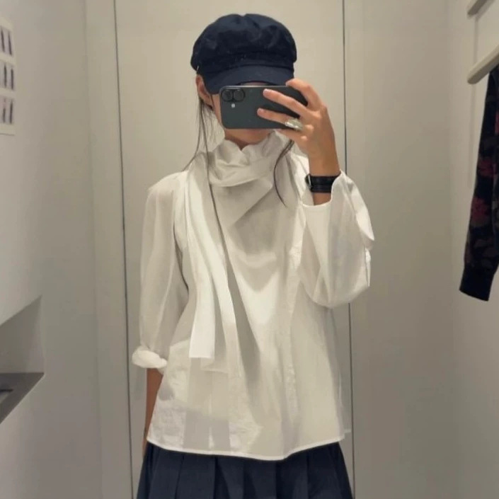Korean am*ment* new autumn collection simple and elegant solid color cotton long-sleeve shirt with scarf collar