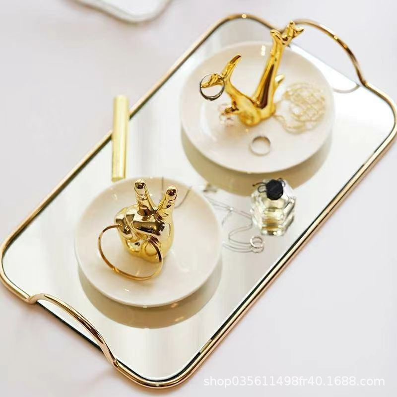 Paquete de oro nórdico bandeja de espejo doble ventana modelo de sala de venta mesa de comedor simple bandeja de metal