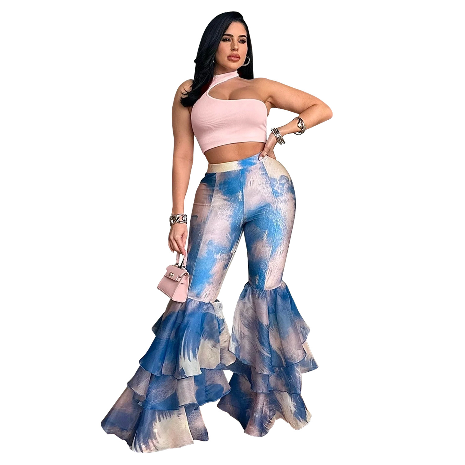 C6971 Cross-border AliExpress Amazon Independent Station Pantalones acampanados con estampado de mujer de moda europea y americana Pantalones de mujer con volantes image 8