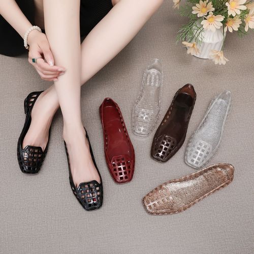 Square Head Flat Bottom Sandals Women Summer Outdoor Hollowed Out Toe Covering Heel Jelly Shoes Absolutely Beautiful Small Heel Low-Heeled Fashion Single Shoes 