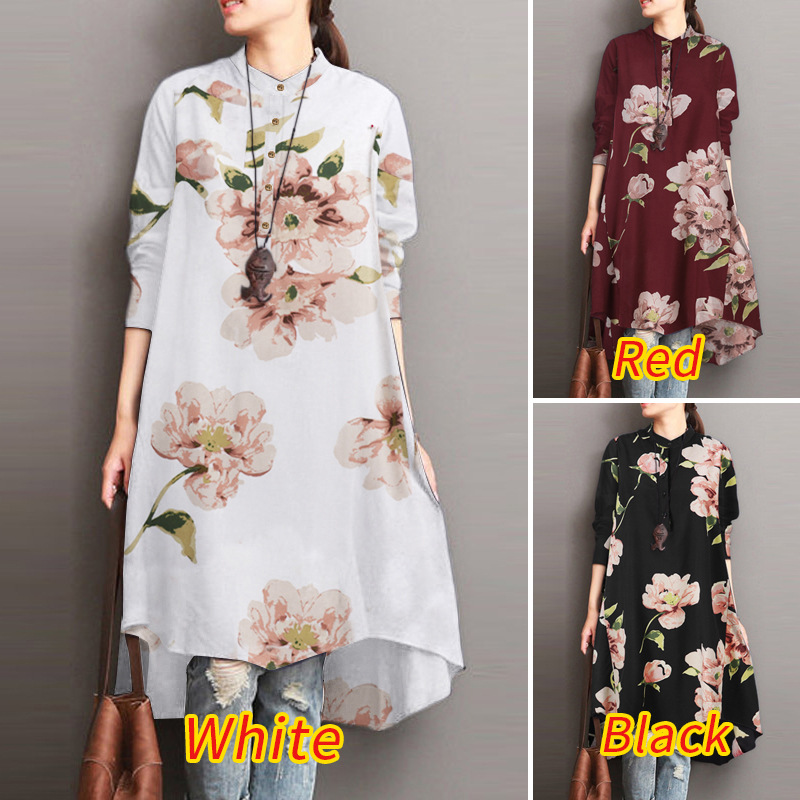 2024 European and American Cross-border Women's Buckle Crewneck Mid-length Shirt dress Floral Print Asymmetric Shirt Top