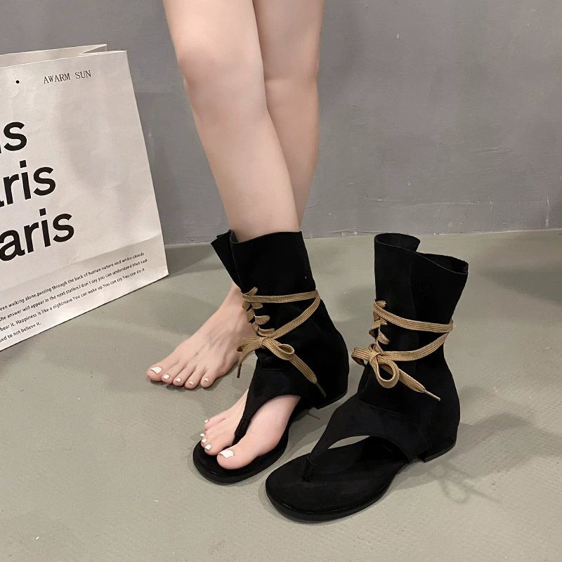 2025 summer new style flip-toe Maillard sandals for women, strappy retro western boots, pleated Roman herringbone sandals