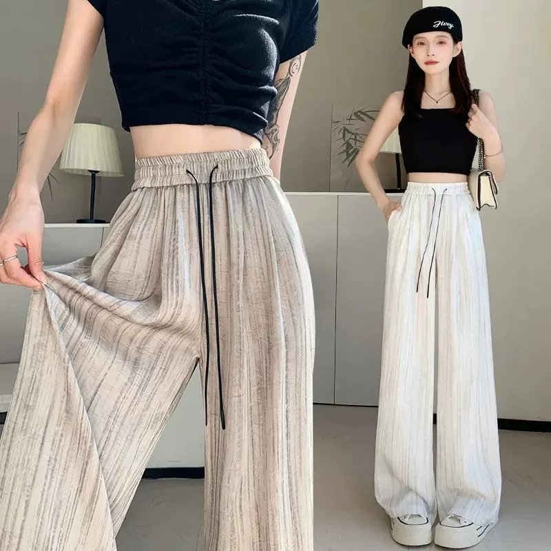 Популярные весенне-осенние широкие брюки 2025 года для женщин, текстура в китайском стиле, принт из атласа ледяного шелка, свободная прямая драпировка длиной до пола, повседневная.