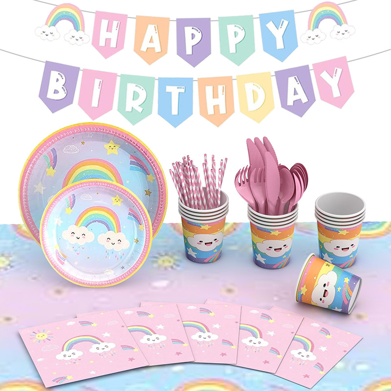 Amazon macaron Rainbow Tema de cumpleaños de los niños Placa de papel desechable taza de papel suministros de fiesta traje