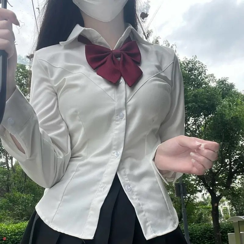 jk制服纯欲辣妹收腰衬衫女春秋学院风白色衬衣修身显瘦打底上衣|undefined