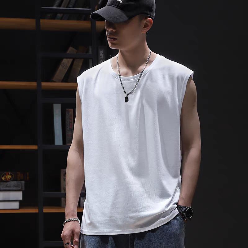 2025 New Ice Silk Vessel T-shirt Men's Summer Loose Sports Fitness Quick-drying Sleeveless Slim Shoulder Thin T-shirt