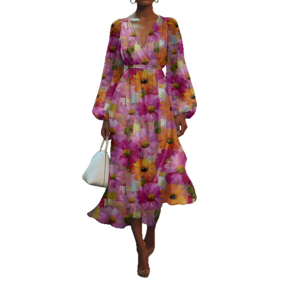 Women's V-Neck Dress Summer Fashion Floral Puff Sleeve Dress_ecoleips.com