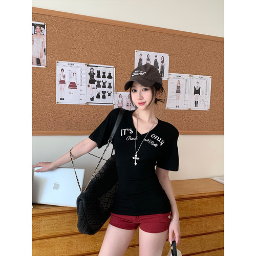 Letter Print Slim V-neck T-shirt for Women 2025 Summer New Design Short Sleeve Shoulder Student Top Trendy