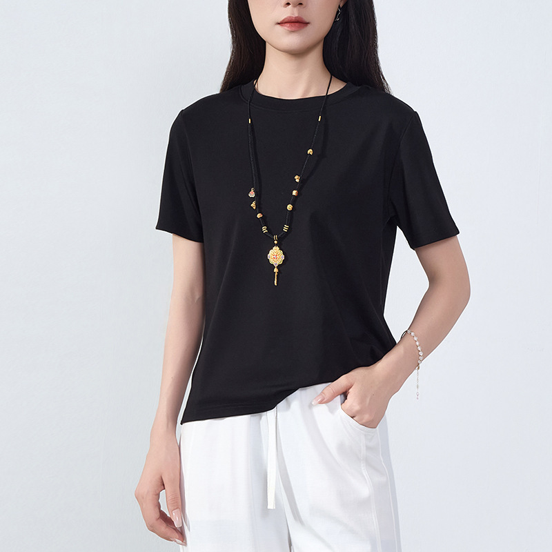 Fuboss 2026 Summer Women's Regular Shoulder Short Sleeve T-Shirt Retro Classic Solid Color Round Neck Fuboss 2026 Summer Women's Regular Shoulder Short Sleeve T-Shirt Retro Classic Solid Color Round Neck