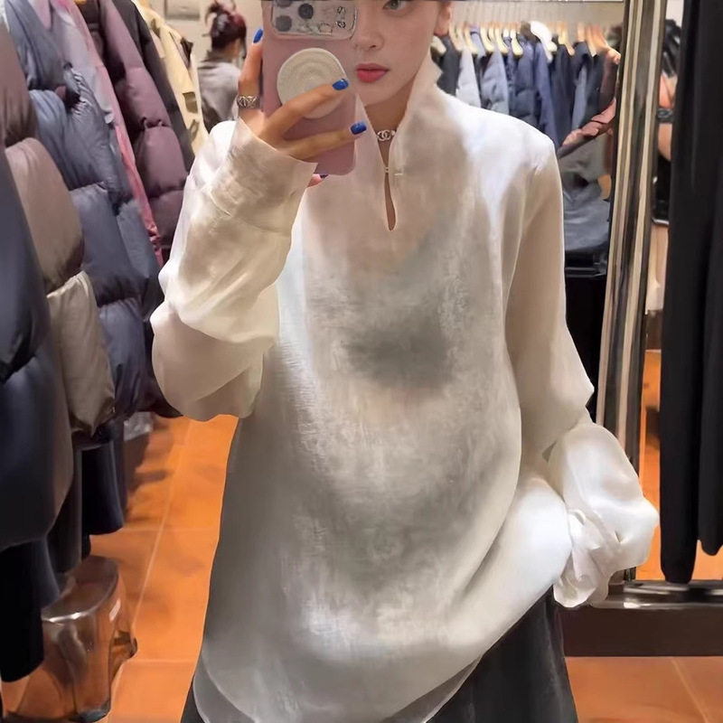 New Chinese-Style National Style Stand-Collar Double-Layer Tencel Jacquard Top for Women, Early Spring 2026, Stylish and Slimming Long-Sleeve Shirt New Chinese-Style National Style Stand-Collar Double-Layer Tencel Jacquard Top for Women, Early Spring 2026, Stylish and Slimming Long-Sleeve Shirt