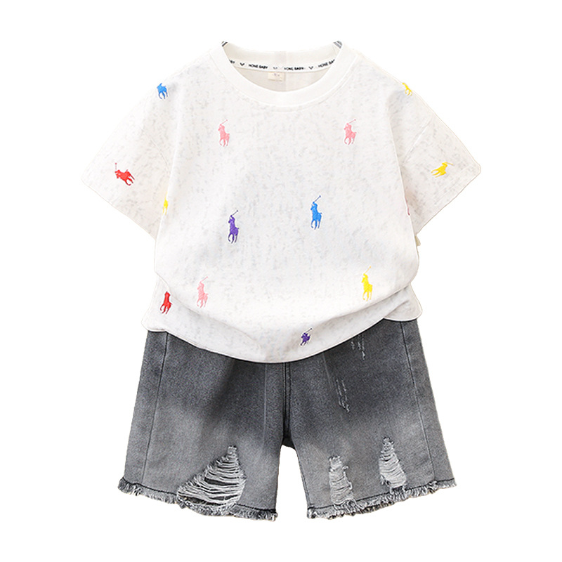 7378 Traje de verano para niños Camiseta de manga corta de dibujos animados para niños coreanos Pantalones vaqueros para bebés Pantalones cortos de verano Ropa delgada 3