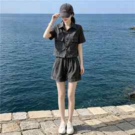 深圳南油时尚休闲套装女2026夏季灰色翻领短袖短裤两件套减龄显瘦