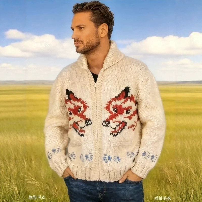 Men's Fox Jacquard Sweater Cardigan 2026 Spring New Thick Knit Zip-Up Jacket Loose and Lazy Style