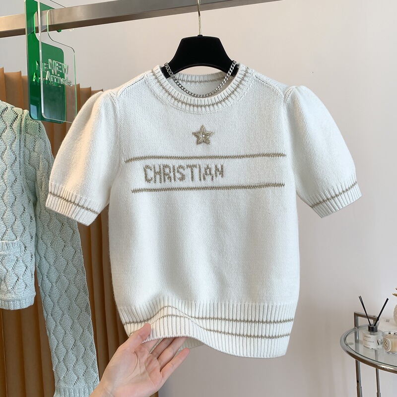 Nanyou 2025 Spring/Summer New French Style Socialite Sweater Knitted Short-Sleeve Celebrity Style Pullover Fashionable Versatile Top