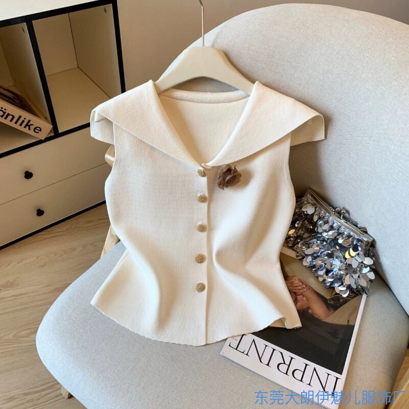 French-Style Commuter Chic Design, Navy Collar, Sleeveless Knitted Vest, Summer New Cardigan, Slim-Fit Top with Turn-Down Collar