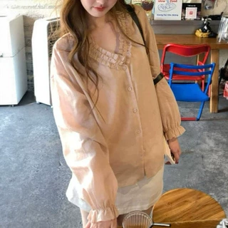 2026年夏装新款莱赛尔苎麻对丝木耳边V领长袖衬衫女轻薄防晒上衣