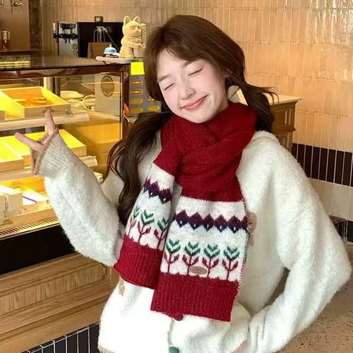 Fair Isle Christmas Red Knit Wool Scarf for Women - Winter 2025 New Arrival Thick Warm Shawl Neck Scarf