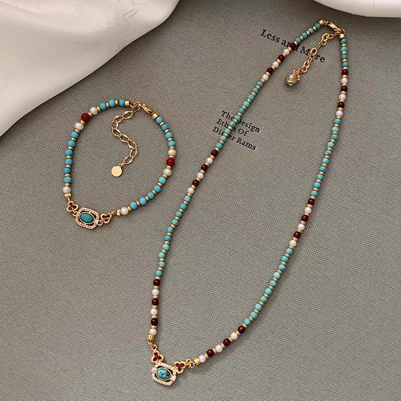 Imitation Turquoise Pearl Beaded Necklace Women's Accessories Light Luxury High-End New Chinese Style National Style New Clavicle Necklace