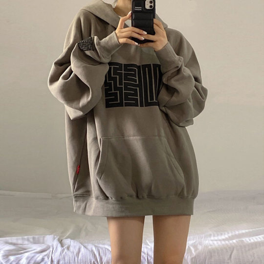 Retro fleece-lined sweater women's 2023 autumn and winter New Korean style student printed hooded loose coat top women's fashion