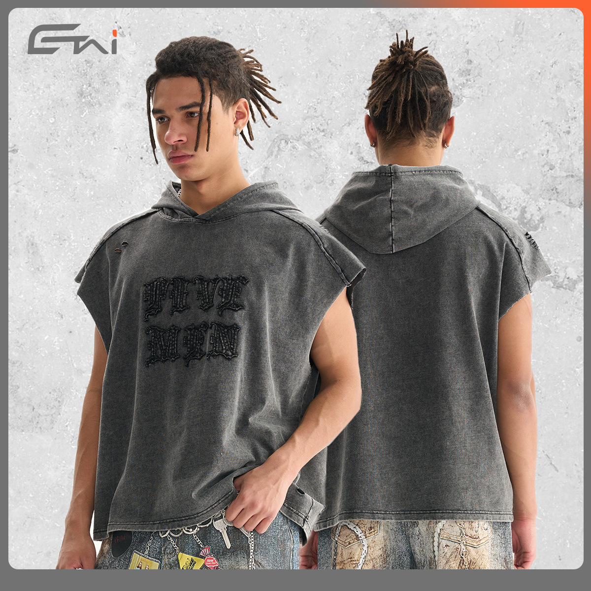 ETAI Hombre| Camiseta estadounidense retro de alta calidad con sombrero sin mangas chaleco de moda masculino Boxy fit empalme desgastado