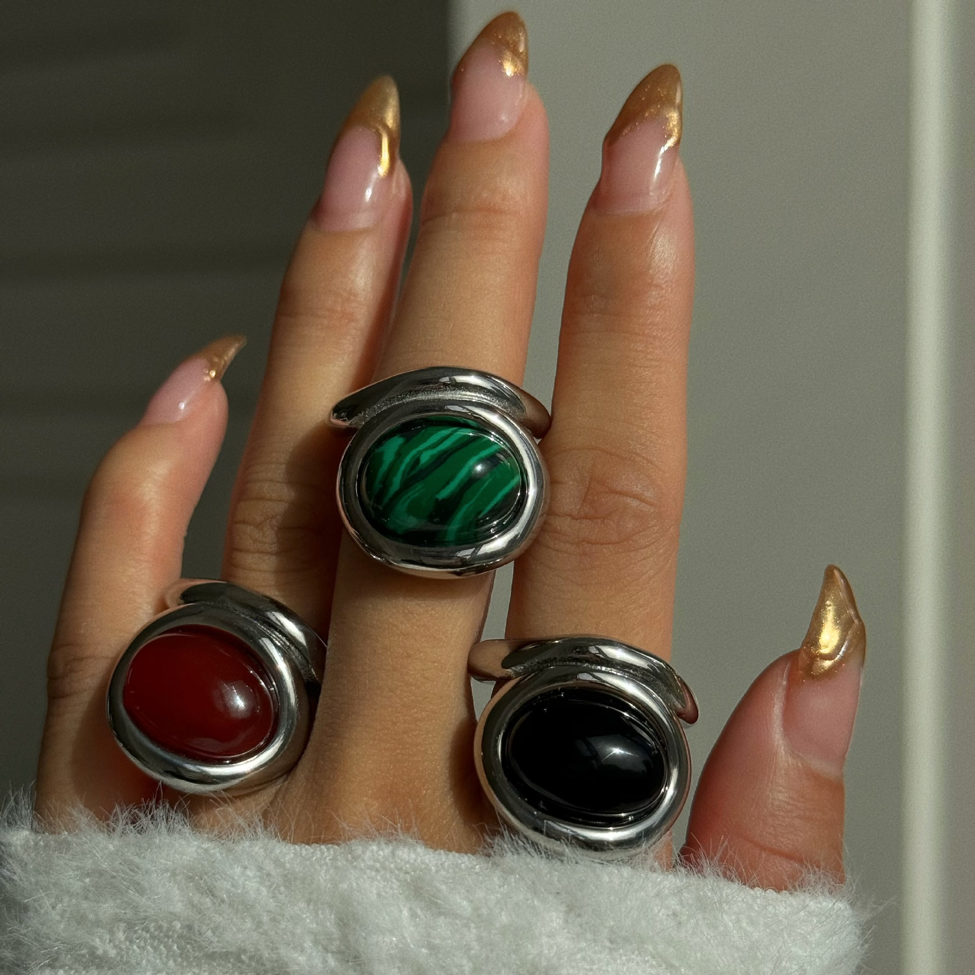1 Piece Quantity Daily Occasion Retro Geometric Titanium Steel Inlay Natural Stone Rings