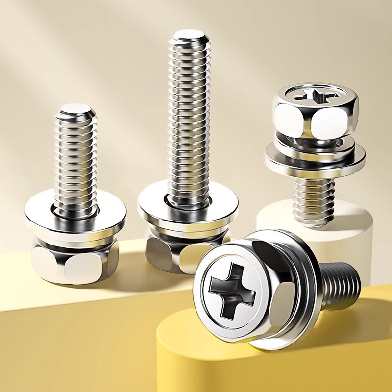 304不锈钢十字槽凹穴外六角三组合螺丝带平弹垫螺栓M3M4M5M6M8M10