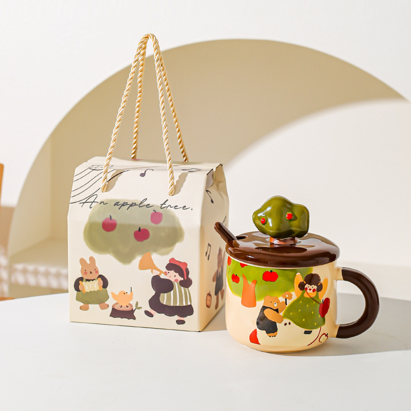 Apple Tree Girl cerámica vintage taza de alto valor con cuchara de cubierta taza de agua de oficina taza de café taza de desayuno