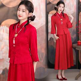 新中式订婚红色结婚敬酒服气质复古盘扣显瘦新娘七分袖套装
